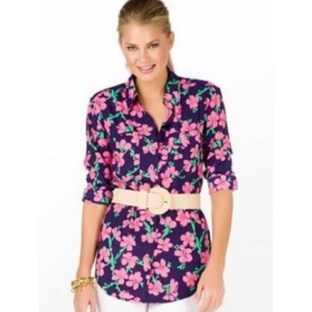 Lilly Pulitzer Tropical Floral Kapri Button Down Collared Blouse size XSmall